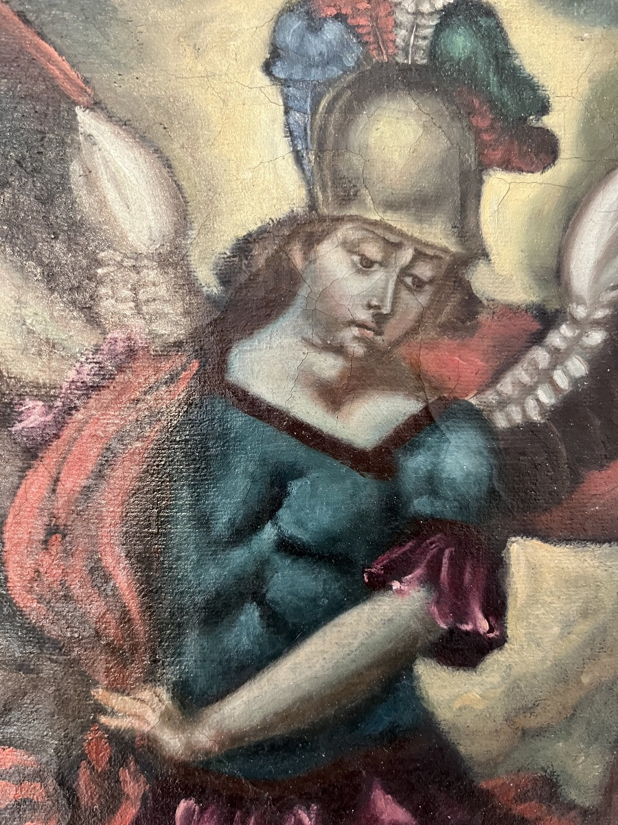 Huile sur toile, école de Cuzco, St Michel terrassant le dragon. Fin XVII eme. -photo-4