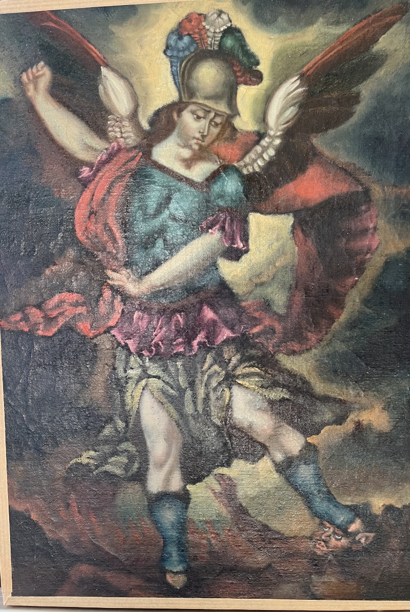 Huile sur toile, école de Cuzco, St Michel terrassant le dragon. Fin XVII eme. 