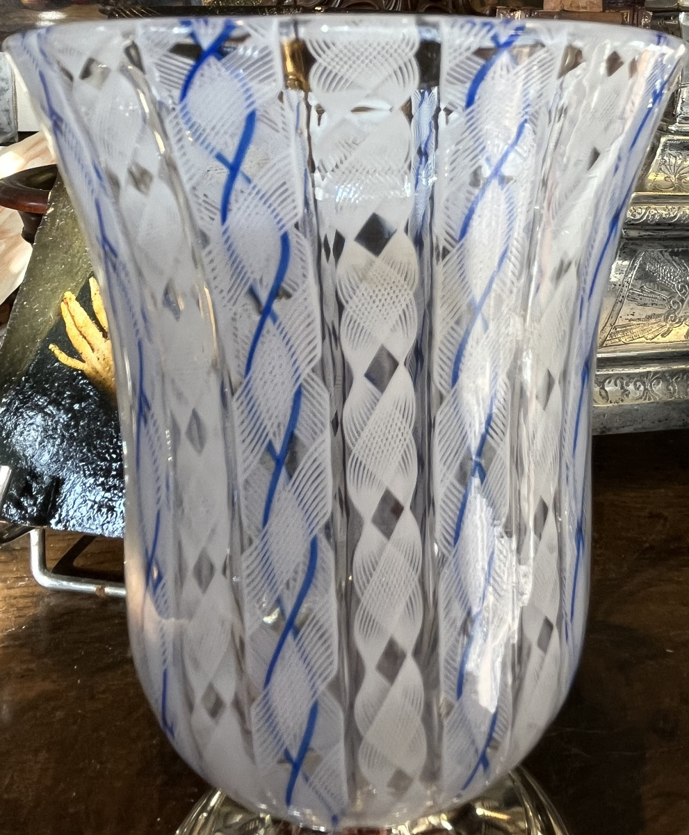 Murano Glass Vase, Latticino, Blue And White, Silver-plated Metal Base. Italy. -photo-2