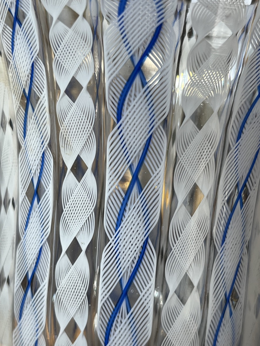 Murano Glass Vase, Latticino, Blue And White, Silver-plated Metal Base. Italy. -photo-4