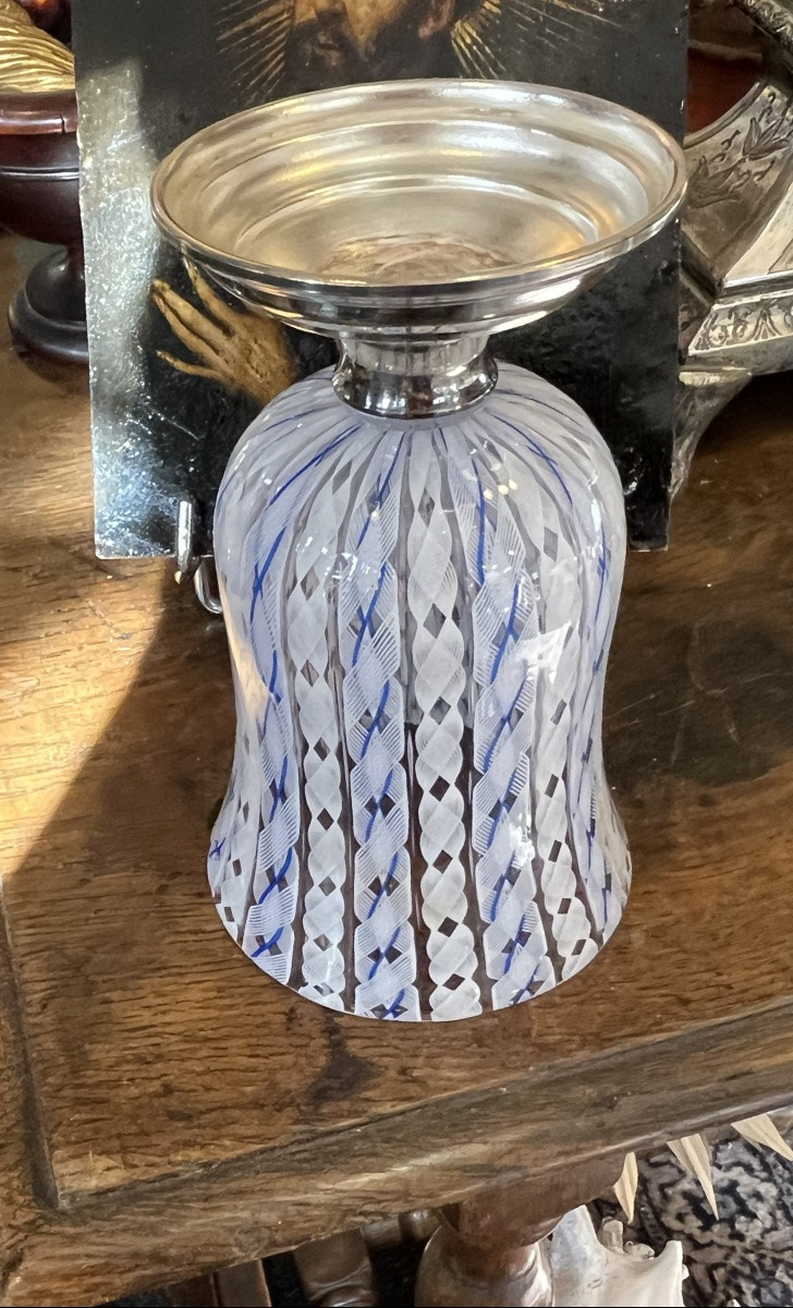 Murano Glass Vase, Latticino, Blue And White, Silver-plated Metal Base. Italy. -photo-1