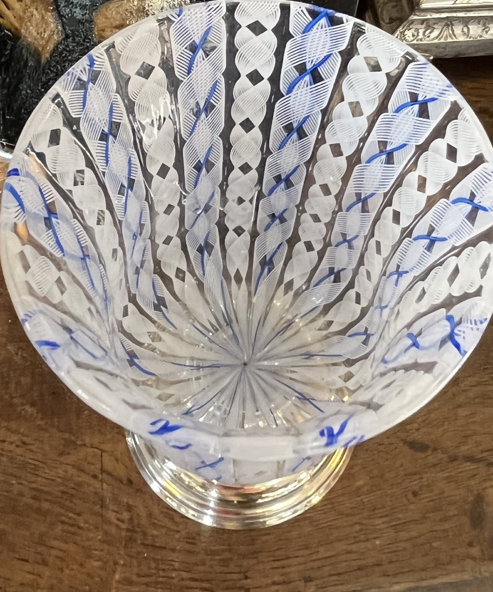 Murano Glass Vase, Latticino, Blue And White, Silver-plated Metal Base. Italy. -photo-2