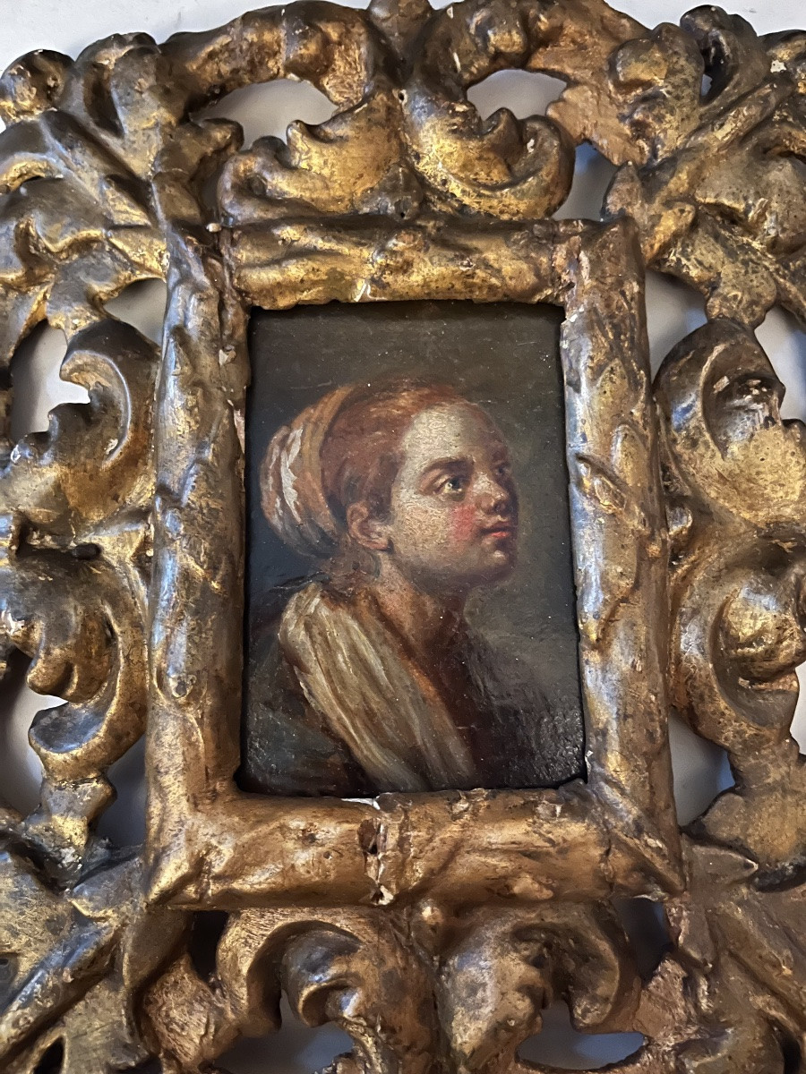 Petite huile sur bois XVIII eme France, dans un cadre italien très ouvragé XVIII eme.-photo-2