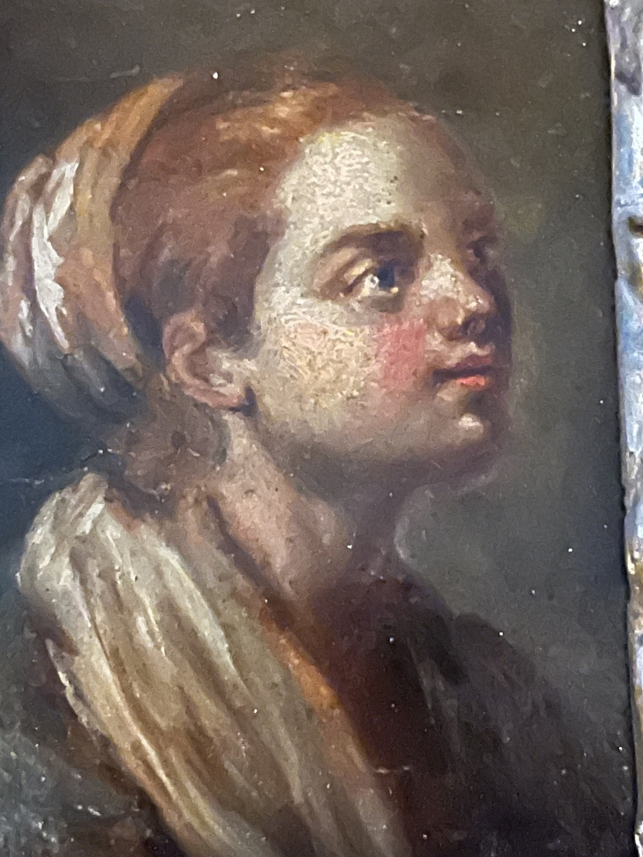 Petite huile sur bois XVIII eme France, dans un cadre italien très ouvragé XVIII eme.-photo-3