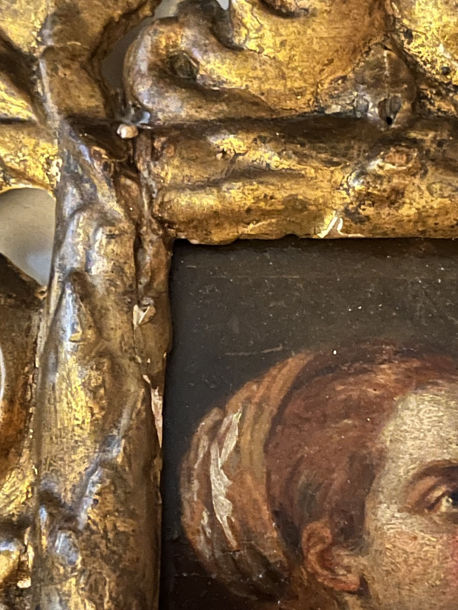 Petite huile sur bois XVIII eme France, dans un cadre italien très ouvragé XVIII eme.-photo-4