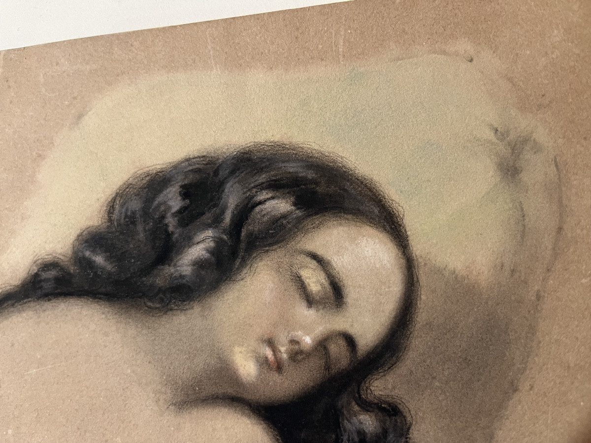 Visage d’une jeune fille endormie, chevelure luxuriante, vers 1820/30. France-photo-4