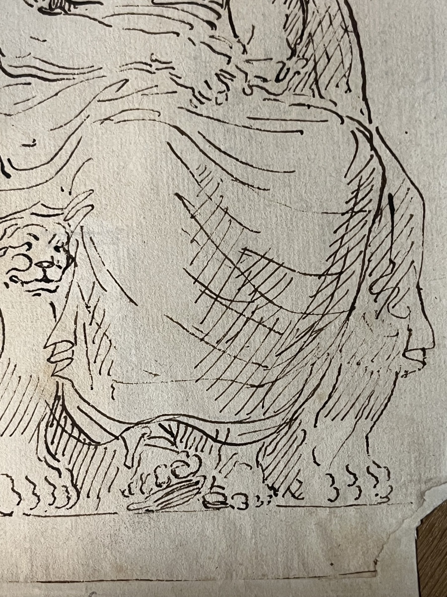 Drawing, An Antic God Sitting On A Trône With Lions Legs As Support. Attributed To Hubert Robe.-photo-3