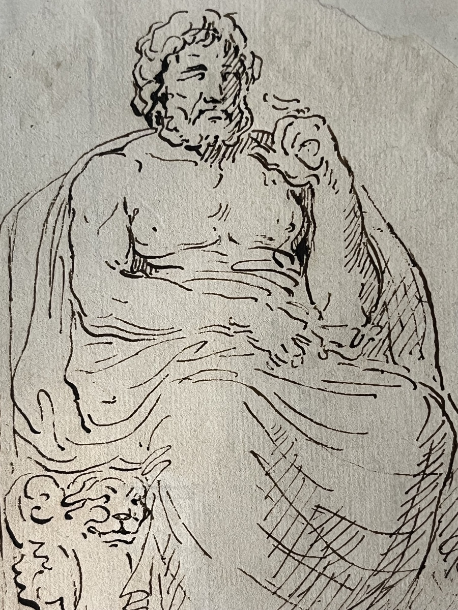 Drawing, An Antic God Sitting On A Trône With Lions Legs As Support. Attributed To Hubert Robe.-photo-4