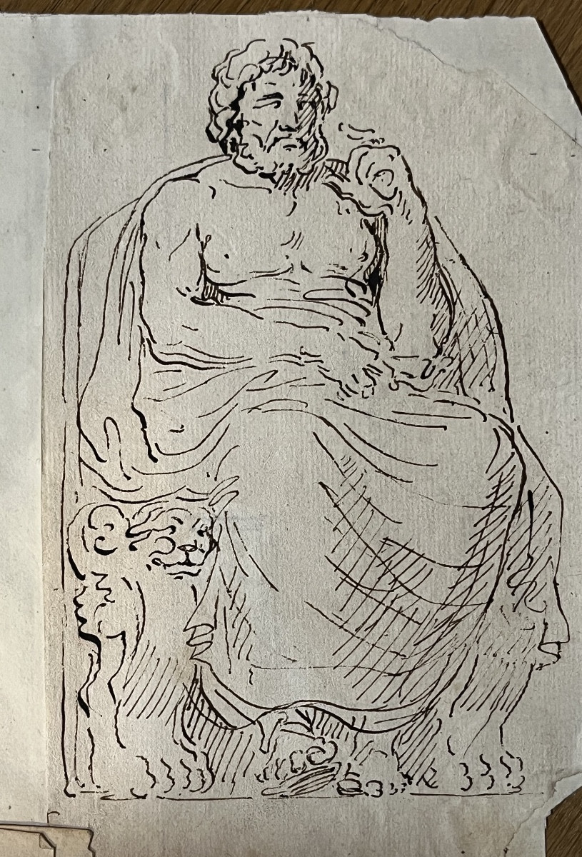 Drawing, An Antic God Sitting On A Trône With Lions Legs As Support. Attributed To Hubert Robe.