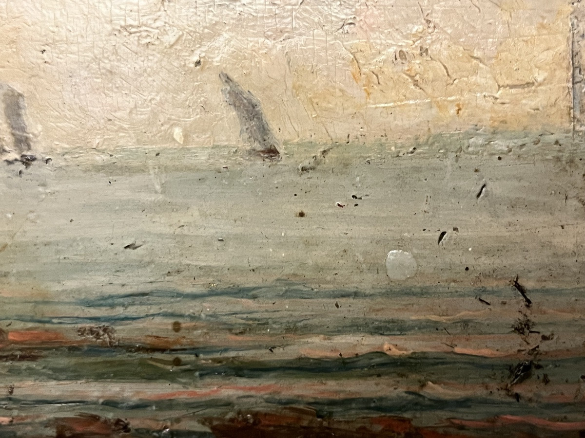 Oil On Canvas, Seascape With Fishermen. 19th Century. -photo-3