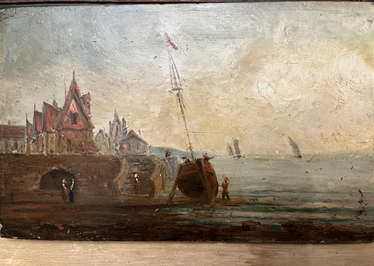 Oil On Canvas, Seascape With Fishermen. 19th Century. 