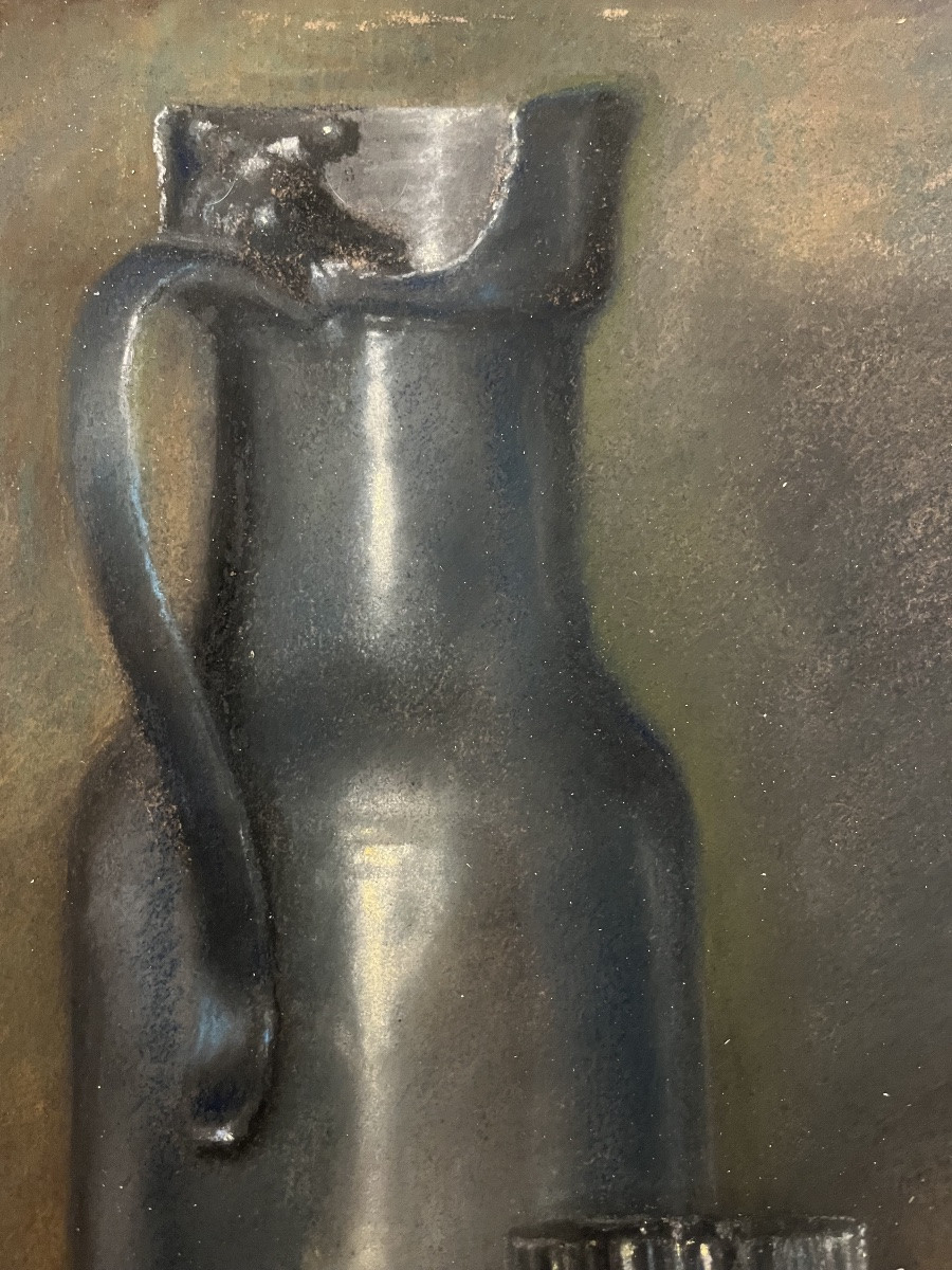 Pastel, Late 19th Century, Still Life With Pitcher And Glass. France.-photo-3