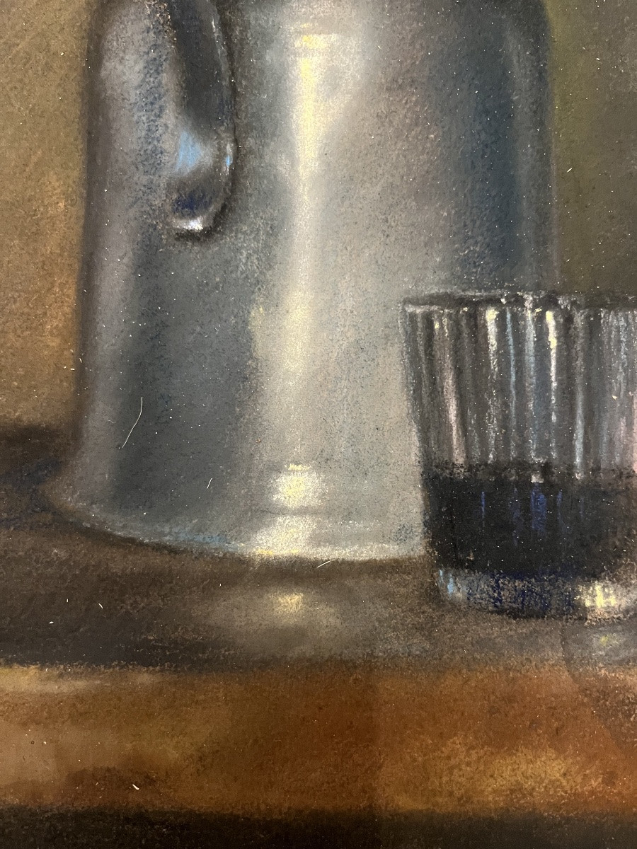 Pastel, Late 19th Century, Still Life With Pitcher And Glass. France.-photo-4