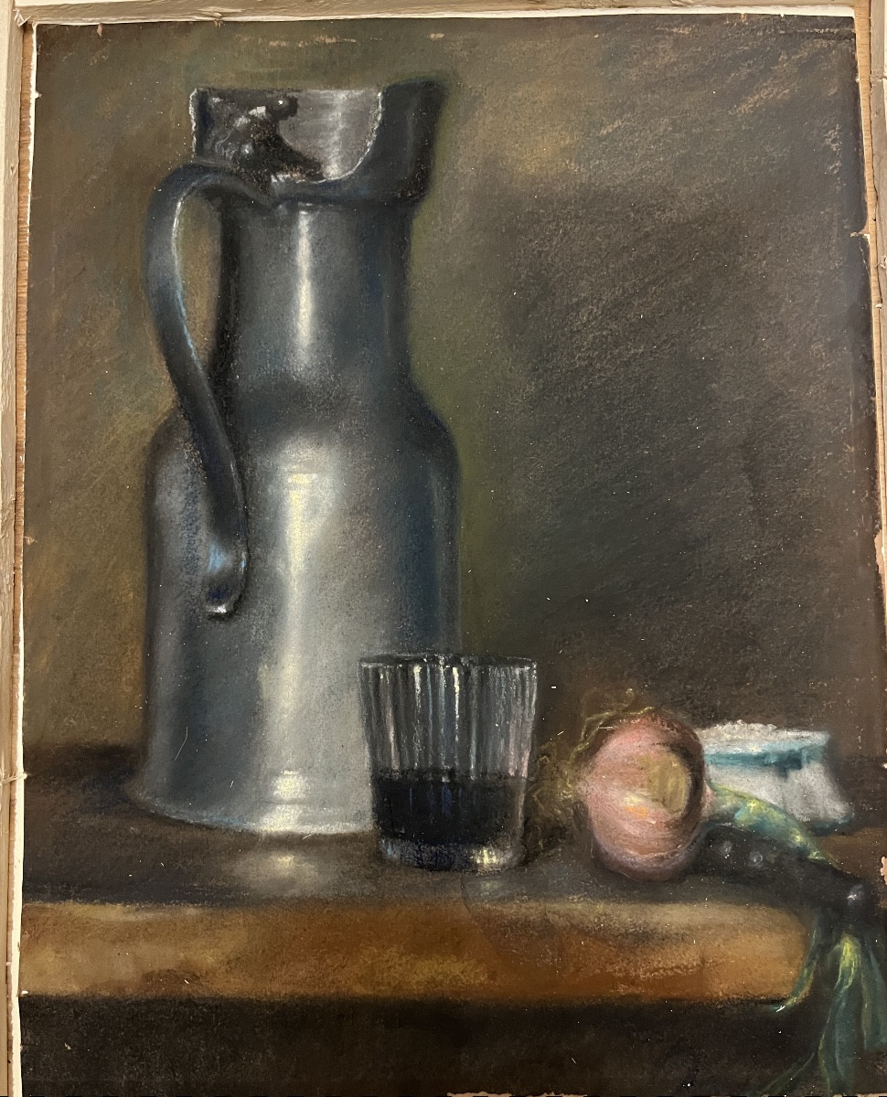 Pastel, Late 19th Century, Still Life With Pitcher And Glass. France.