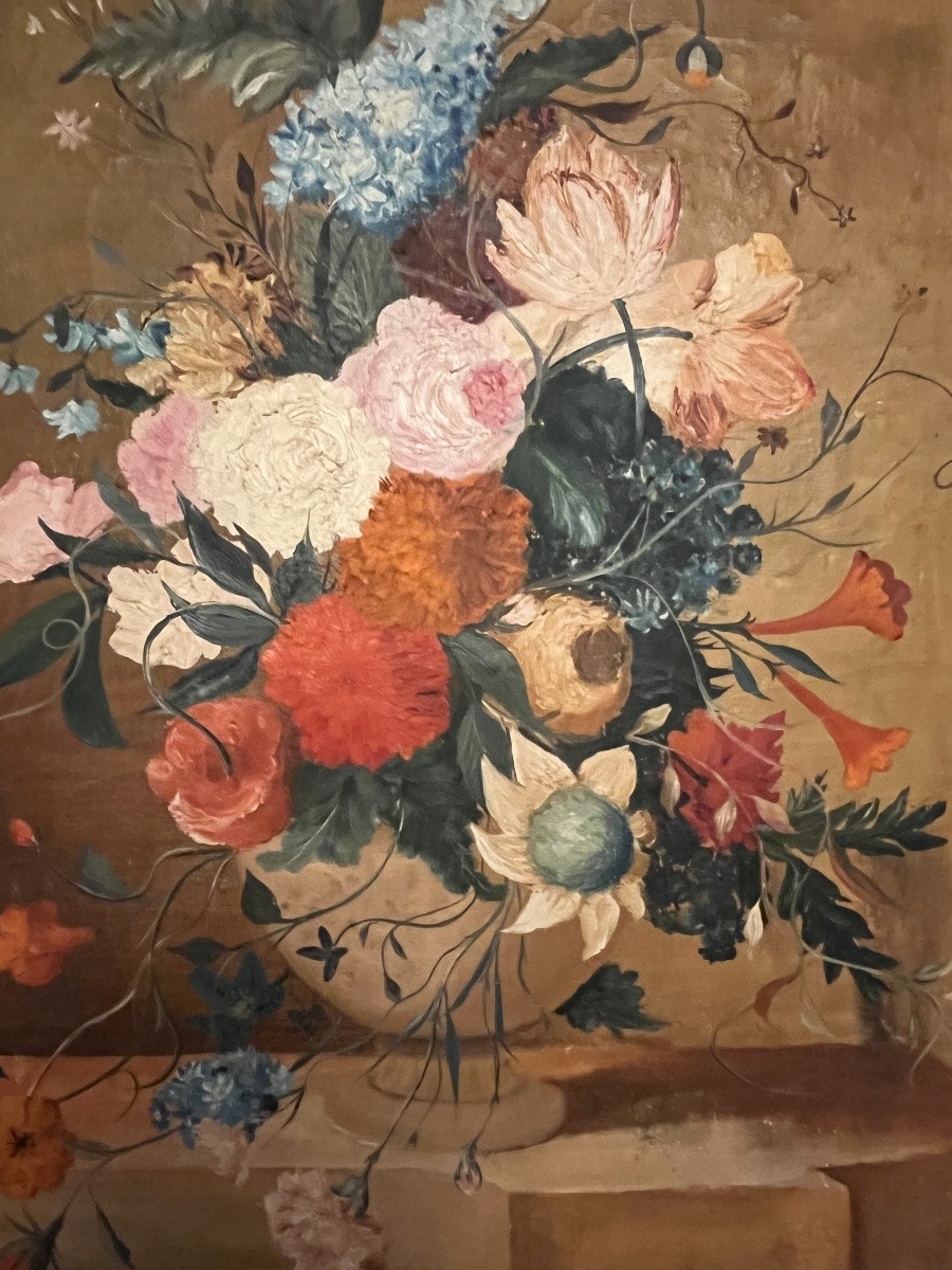 Large Oil On Canvas, Decorated With A Profusion Of Flowers, In The Style Of The 18th Century. 20th Century.-photo-2