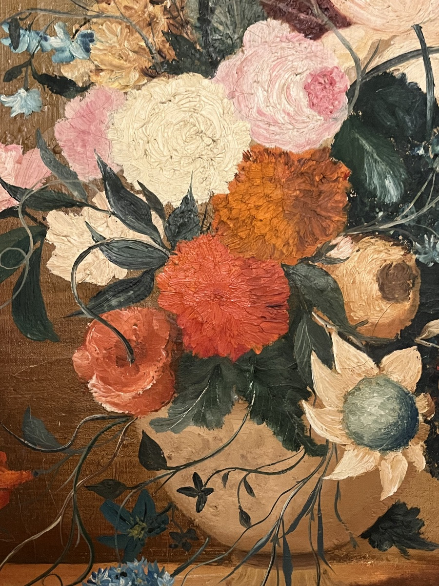 Large Oil On Canvas, Decorated With A Profusion Of Flowers, In The Style Of The 18th Century. 20th Century.-photo-3
