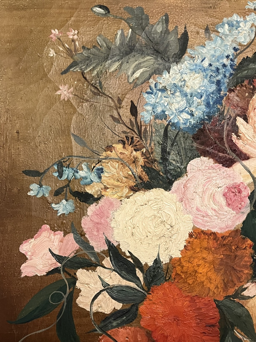 Large Oil On Canvas, Decorated With A Profusion Of Flowers, In The Style Of The 18th Century. 20th Century.-photo-2