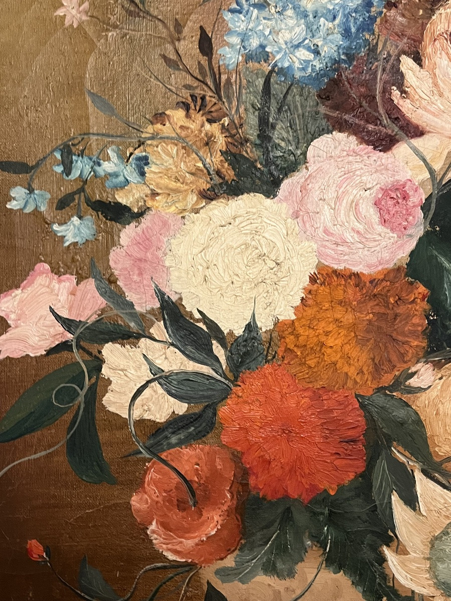 Large Oil On Canvas, Decorated With A Profusion Of Flowers, In The Style Of The 18th Century. 20th Century.-photo-3