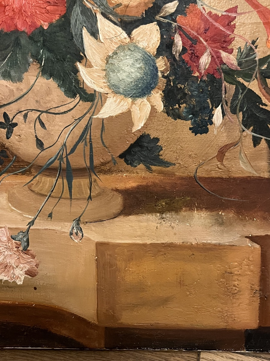 Large Oil On Canvas, Decorated With A Profusion Of Flowers, In The Style Of The 18th Century. 20th Century.-photo-5