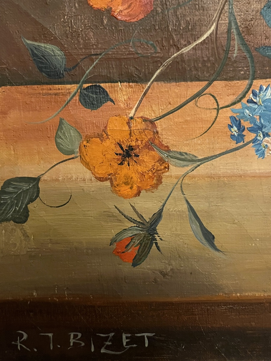 Large Oil On Canvas, Decorated With A Profusion Of Flowers, In The Style Of The 18th Century. 20th Century.-photo-6
