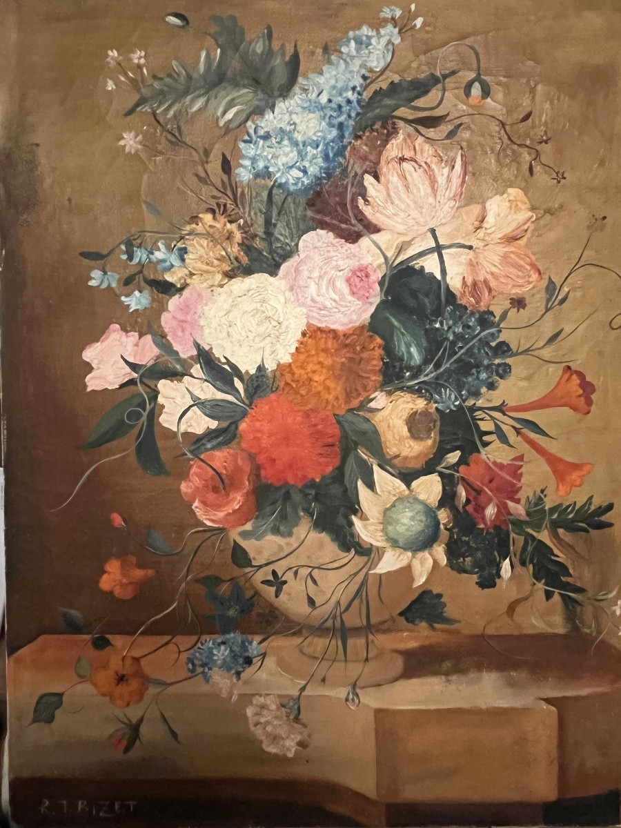Large Oil On Canvas, Decorated With A Profusion Of Flowers, In The Style Of The 18th Century. 20th Century.