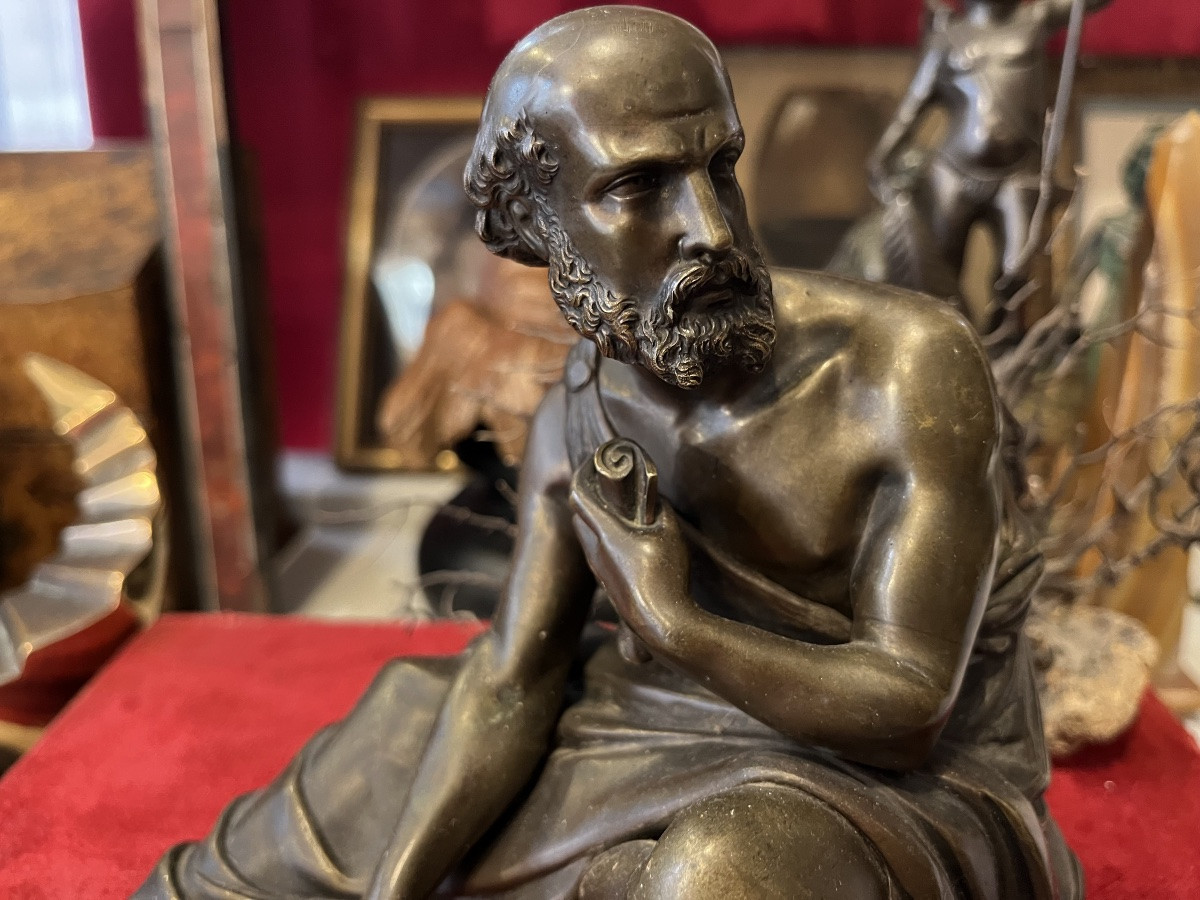 19th Century Bronze, Seated Philosopher Holding A Roll Of Paper In His Hand. Subject In The Antique Style.-photo-2