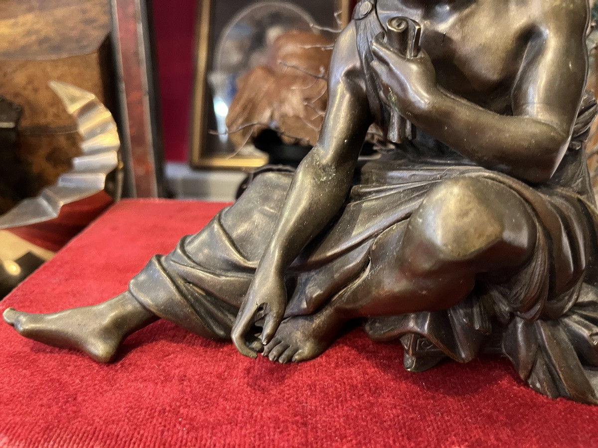 19th Century Bronze, Seated Philosopher Holding A Roll Of Paper In His Hand. Subject In The Antique Style.-photo-3