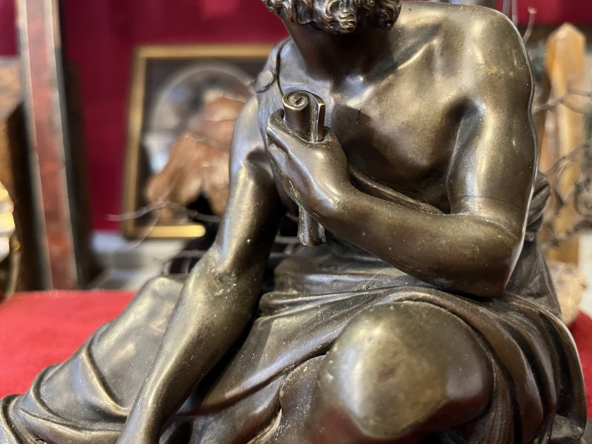 19th Century Bronze, Seated Philosopher Holding A Roll Of Paper In His Hand. Subject In The Antique Style.-photo-4