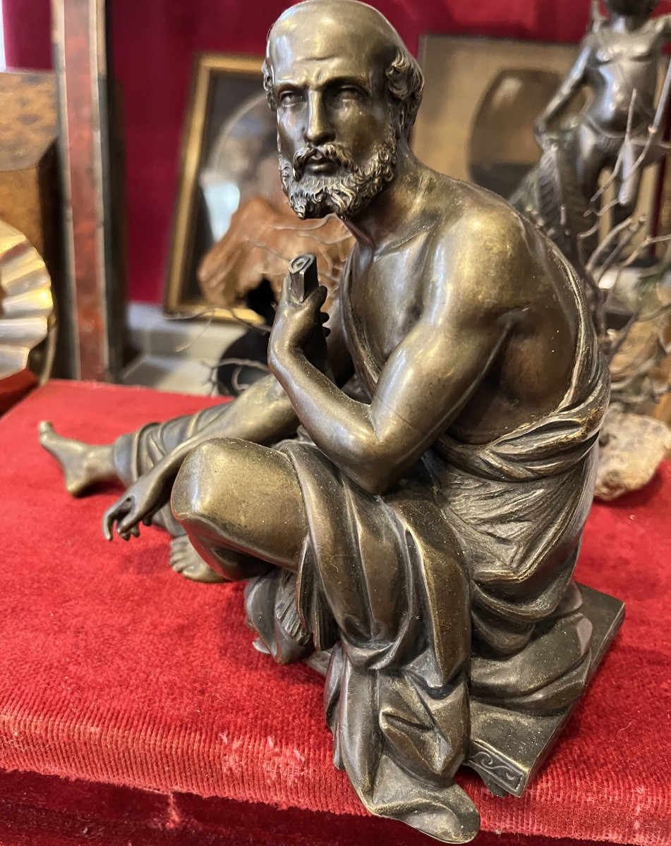 19th Century Bronze, Seated Philosopher Holding A Roll Of Paper In His Hand. Subject In The Antique Style.-photo-2