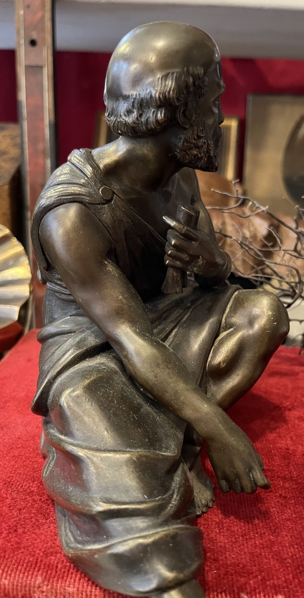 19th Century Bronze, Seated Philosopher Holding A Roll Of Paper In His Hand. Subject In The Antique Style.-photo-6
