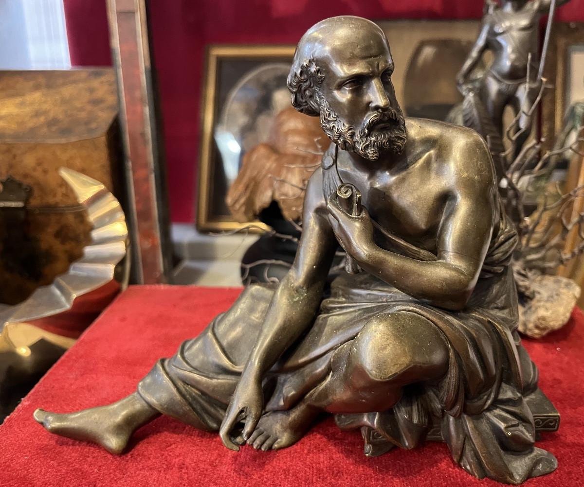 19th Century Bronze, Seated Philosopher Holding A Roll Of Paper In His Hand. Subject In The Antique Style.