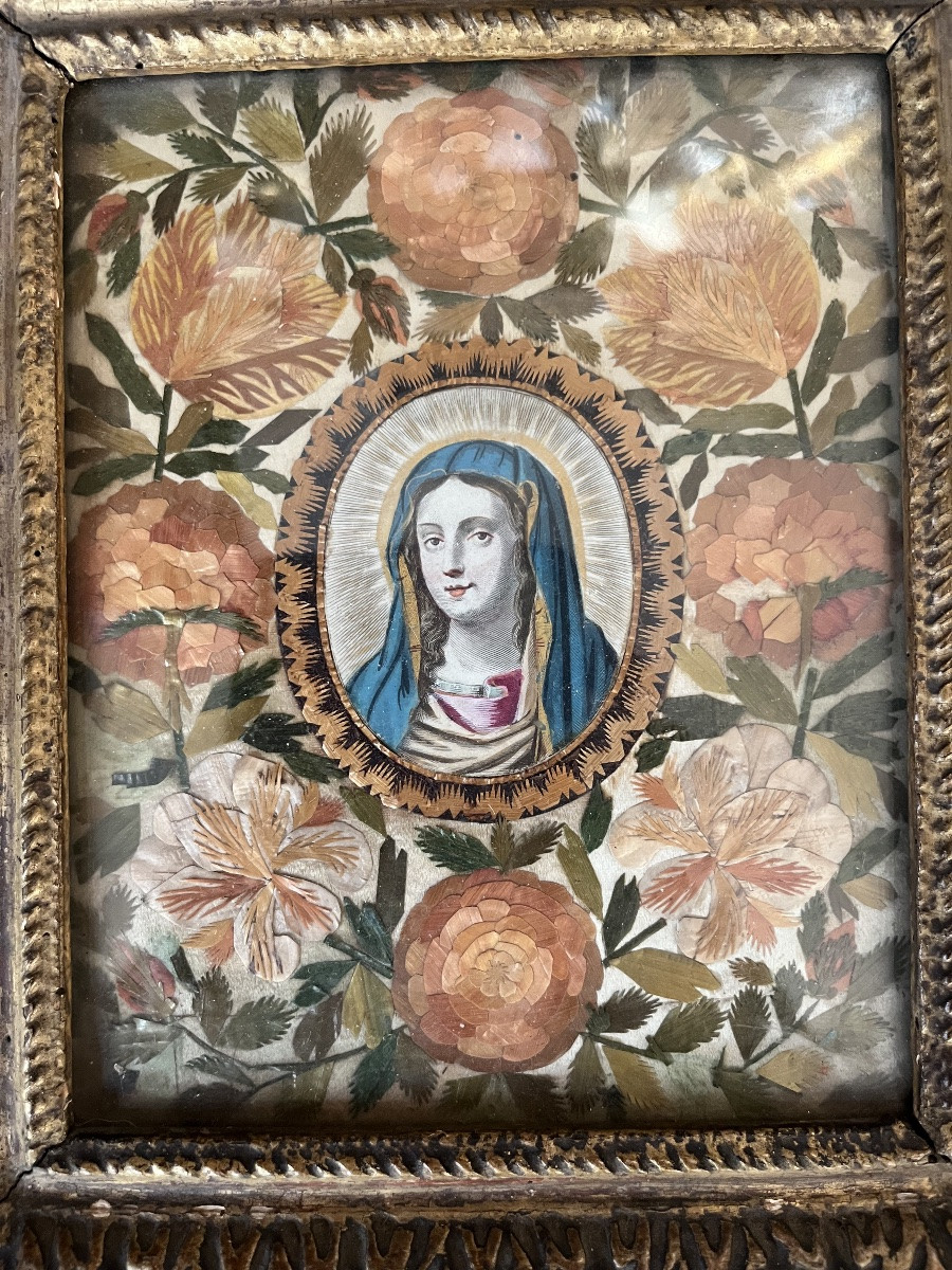 Portrait Of The Virgin Mary, Surrounded By Straw Marquetry In The Form Of Flowers. Louis XIII Frame-photo-2