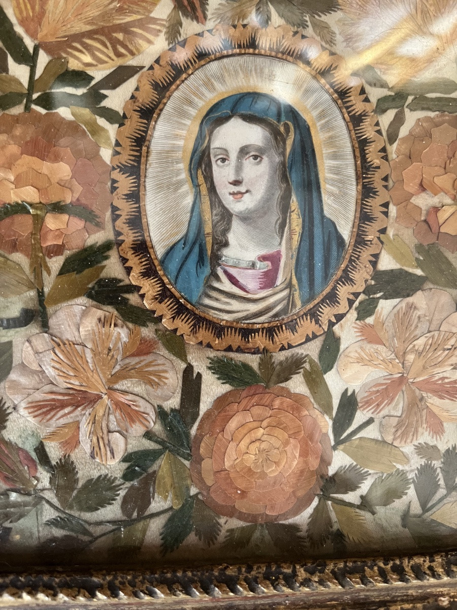 Portrait Of The Virgin Mary, Surrounded By Straw Marquetry In The Form Of Flowers. Louis XIII Frame-photo-3
