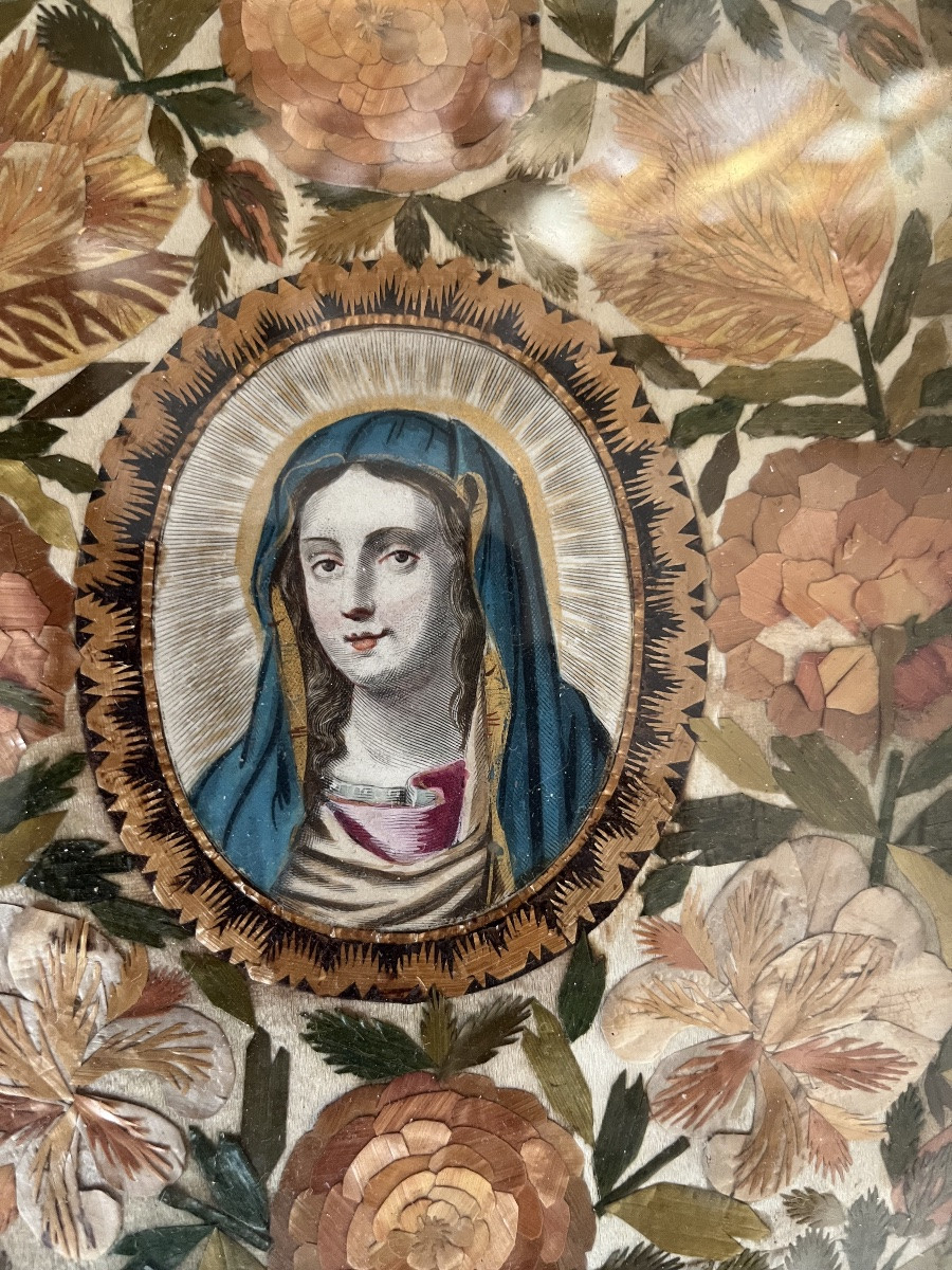 Portrait Of The Virgin Mary, Surrounded By Straw Marquetry In The Form Of Flowers. Louis XIII Frame-photo-4