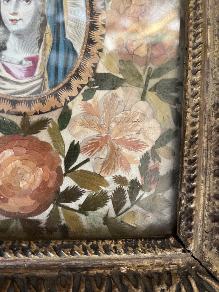 Portrait Of The Virgin Mary, Surrounded By Straw Marquetry In The Form Of Flowers. Louis XIII Frame-photo-1