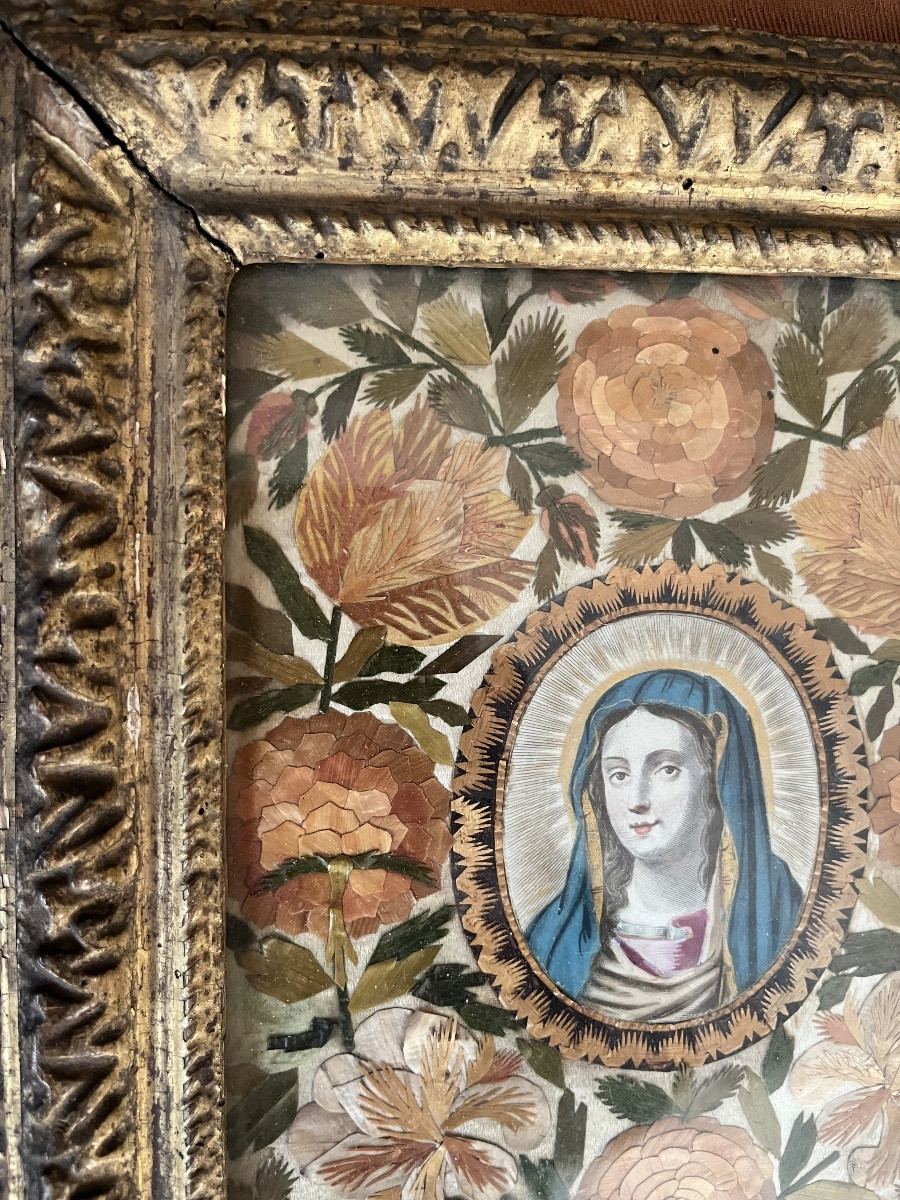 Portrait Of The Virgin Mary, Surrounded By Straw Marquetry In The Form Of Flowers. Louis XIII Frame-photo-4