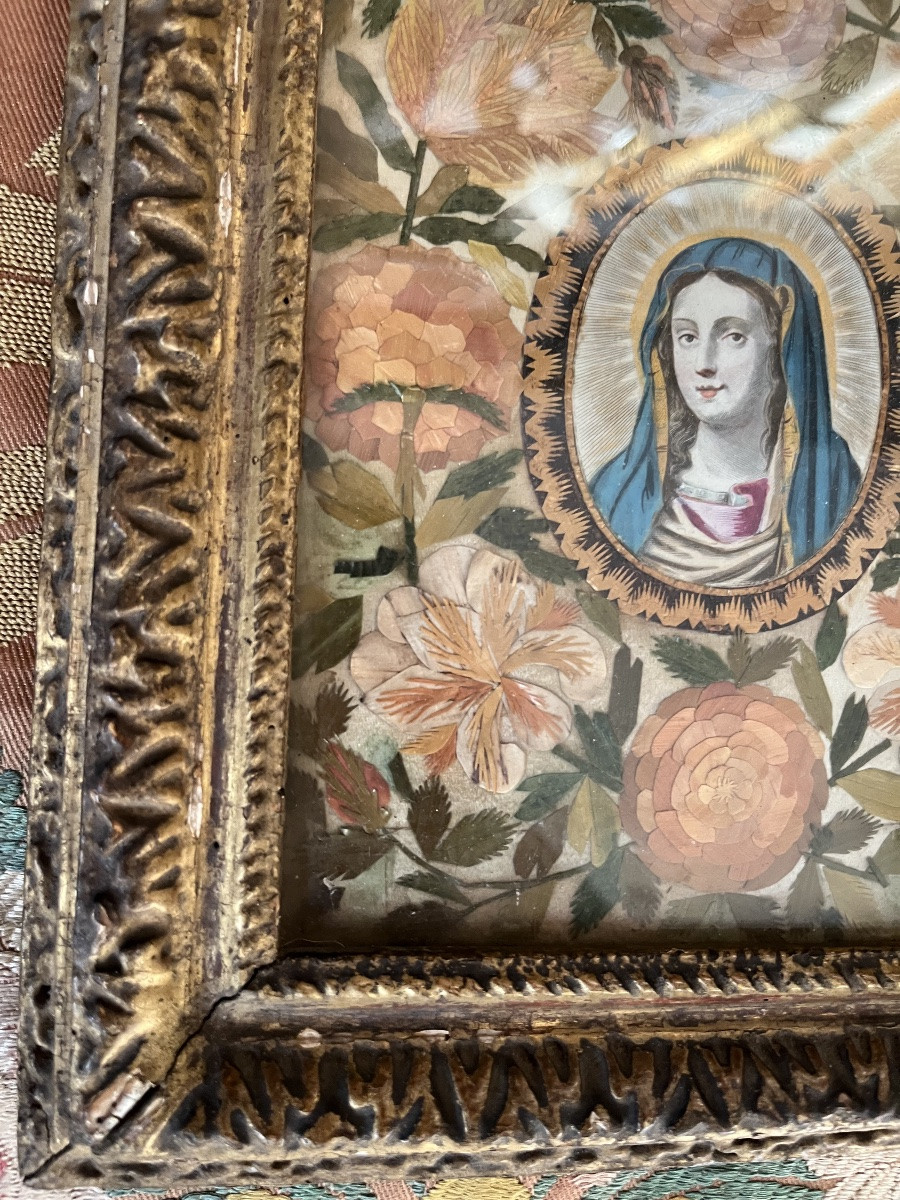 Portrait Of The Virgin Mary, Surrounded By Straw Marquetry In The Form Of Flowers. Louis XIII Frame-photo-5