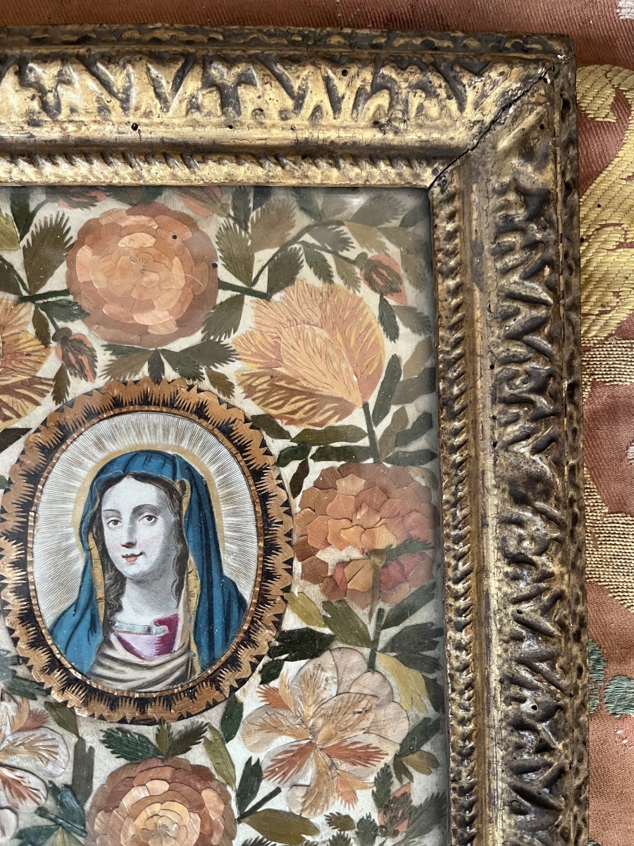 Portrait Of The Virgin Mary, Surrounded By Straw Marquetry In The Form Of Flowers. Louis XIII Frame-photo-7
