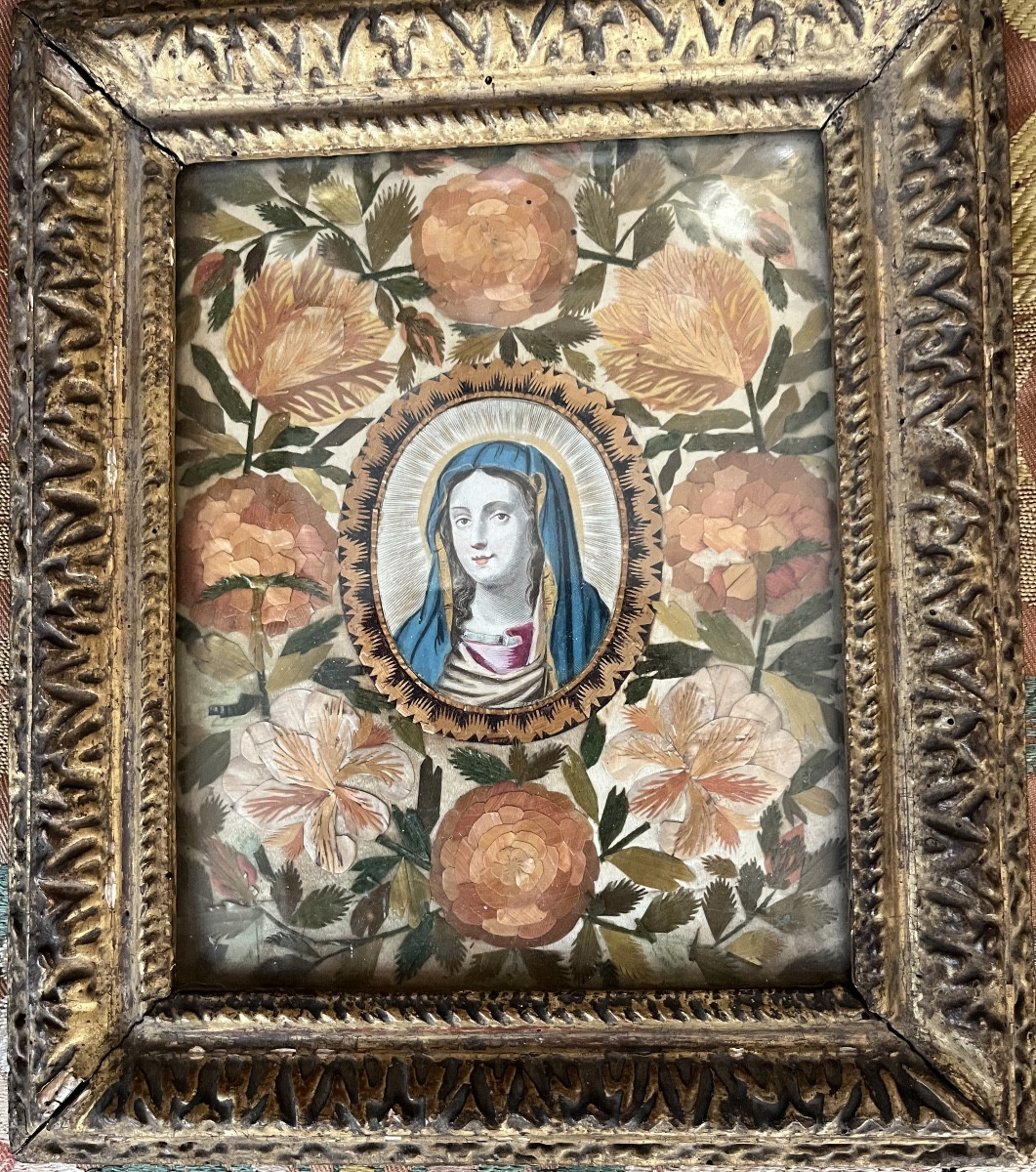 Portrait Of The Virgin Mary, Surrounded By Straw Marquetry In The Form Of Flowers. Louis XIII Frame