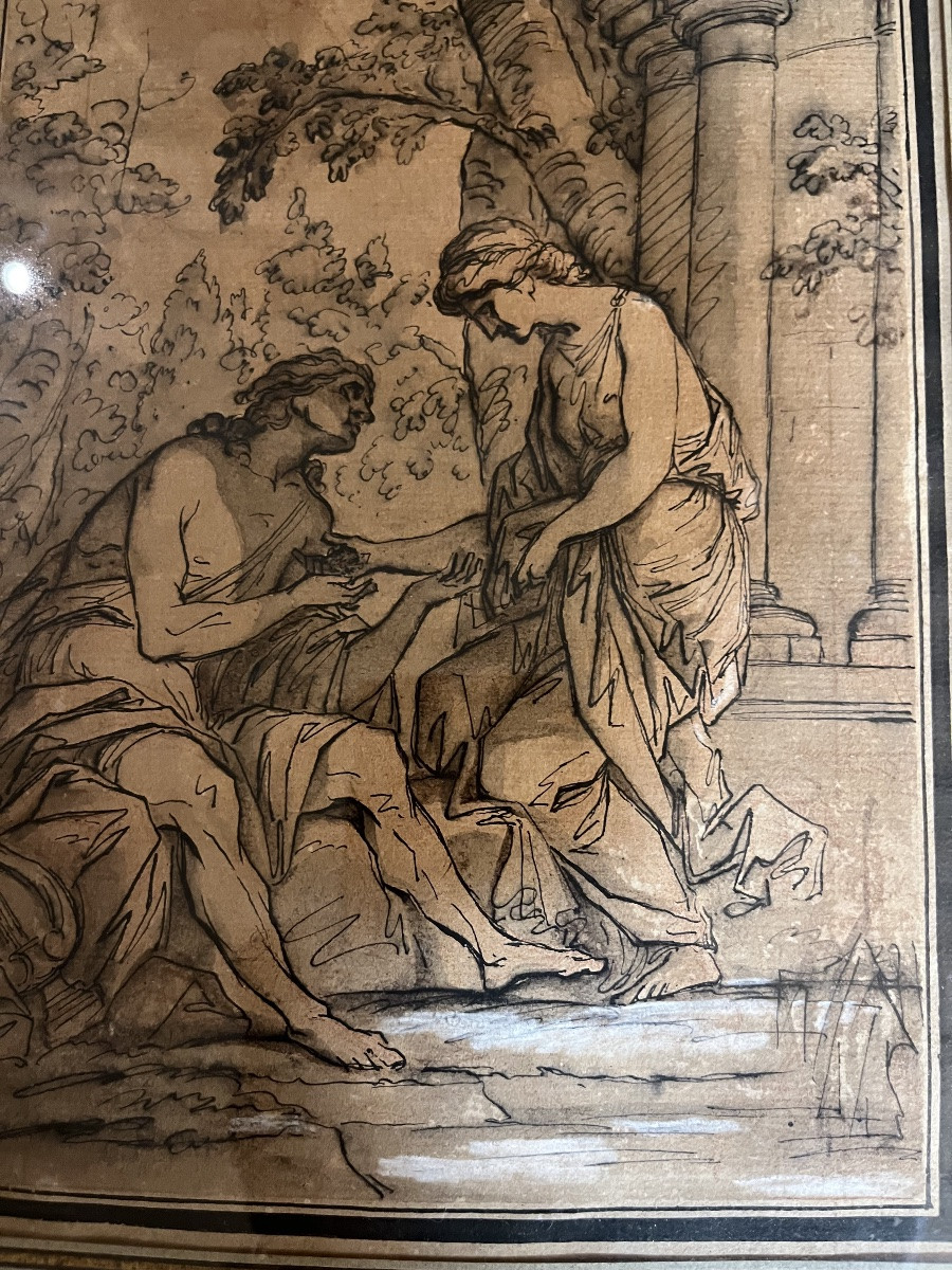 Classic Snow Drawing, A Couple In An Antique Setting. Ink, Gouache. France, Circa 1800.-photo-2
