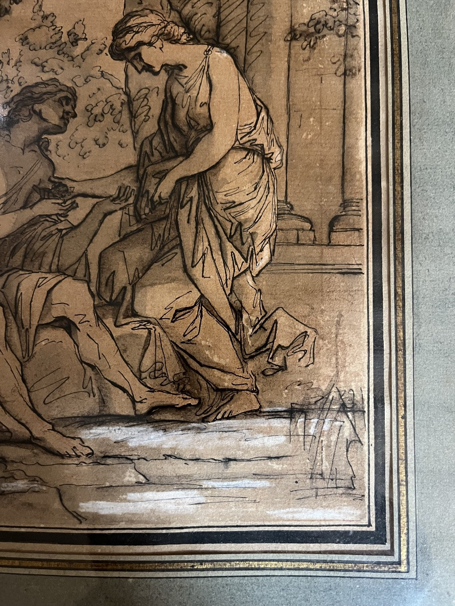 Classic Snow Drawing, A Couple In An Antique Setting. Ink, Gouache. France, Circa 1800.-photo-3