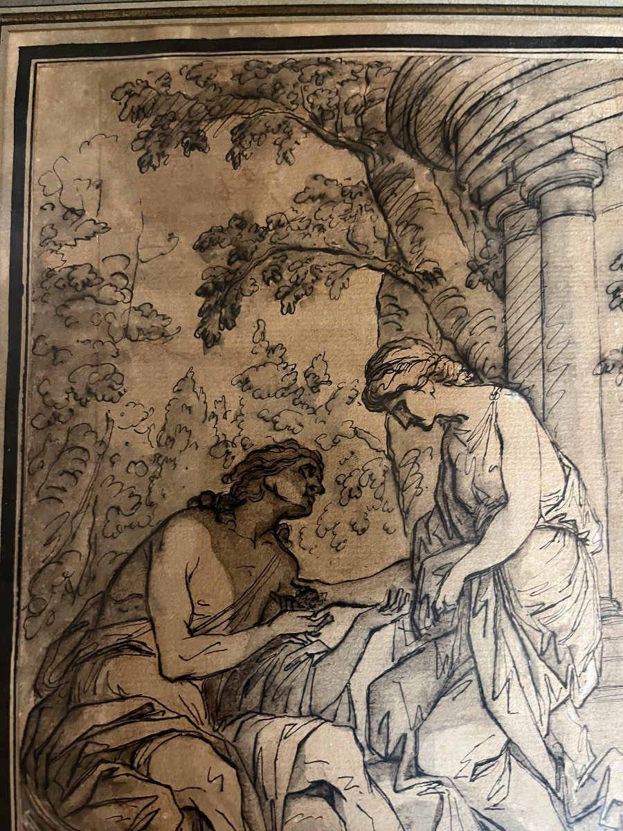 Classic Snow Drawing, A Couple In An Antique Setting. Ink, Gouache. France, Circa 1800.-photo-1