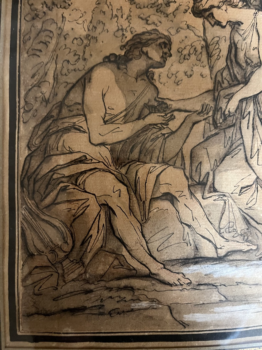 Classic Snow Drawing, A Couple In An Antique Setting. Ink, Gouache. France, Circa 1800.-photo-2