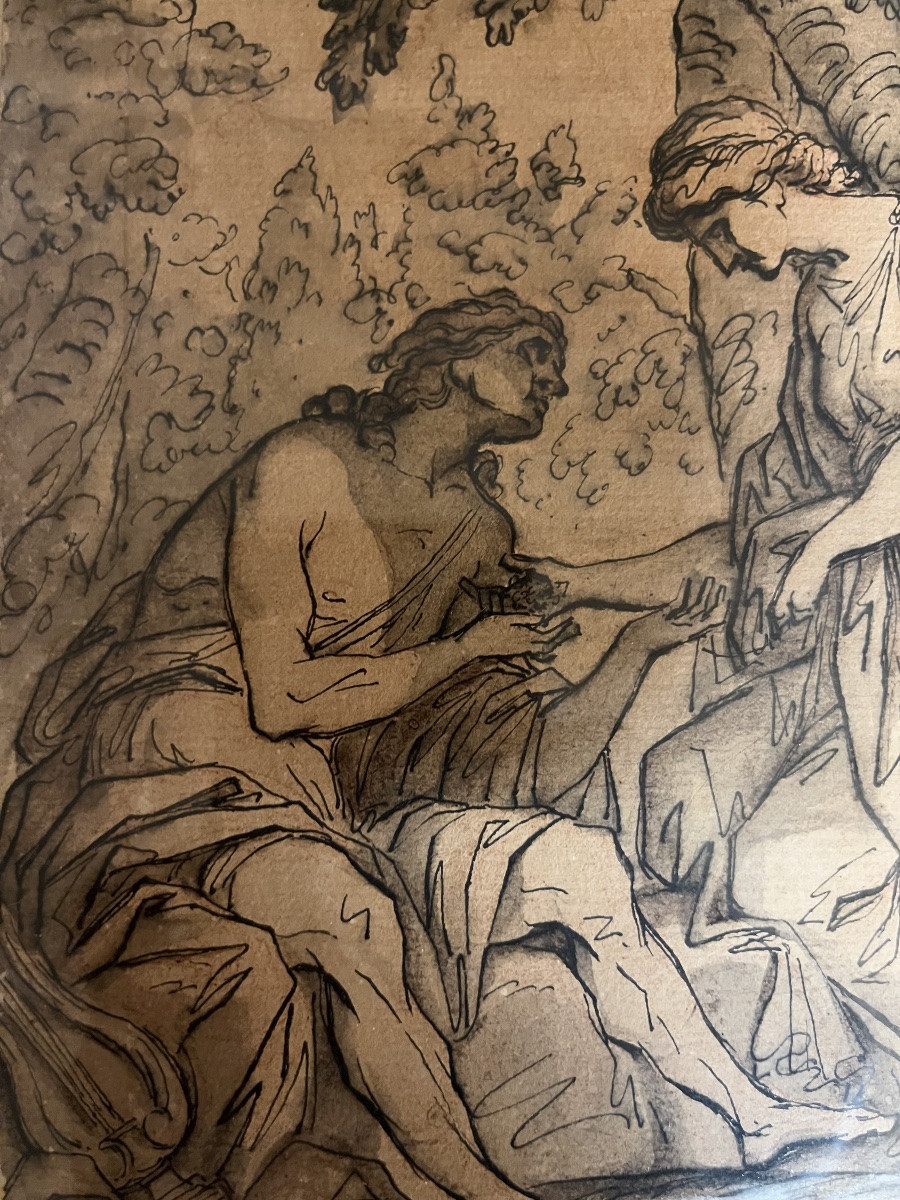 Classic Snow Drawing, A Couple In An Antique Setting. Ink, Gouache. France, Circa 1800.-photo-3