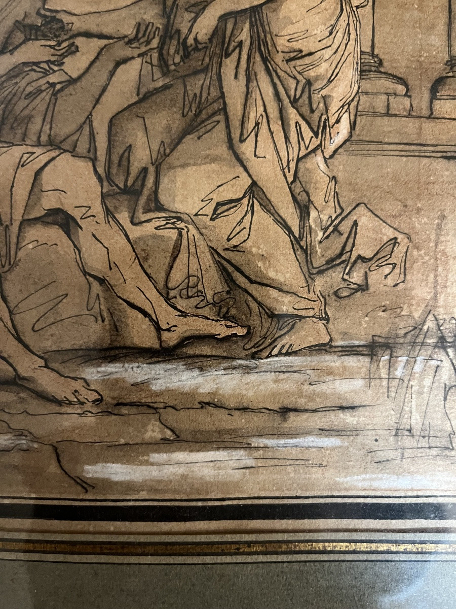 Classic Snow Drawing, A Couple In An Antique Setting. Ink, Gouache. France, Circa 1800.-photo-5