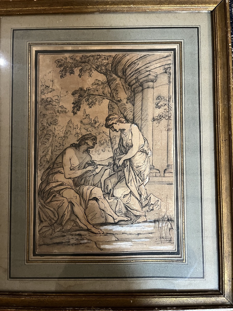 Classic Snow Drawing, A Couple In An Antique Setting. Ink, Gouache. France, Circa 1800.-photo-6