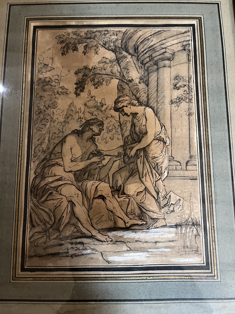 Classic Snow Drawing, A Couple In An Antique Setting. Ink, Gouache. France, Circa 1800.