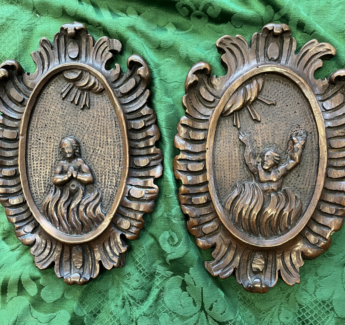 Pair Of Medallions, A Man And A Woman In The Flames Of Purgatory.