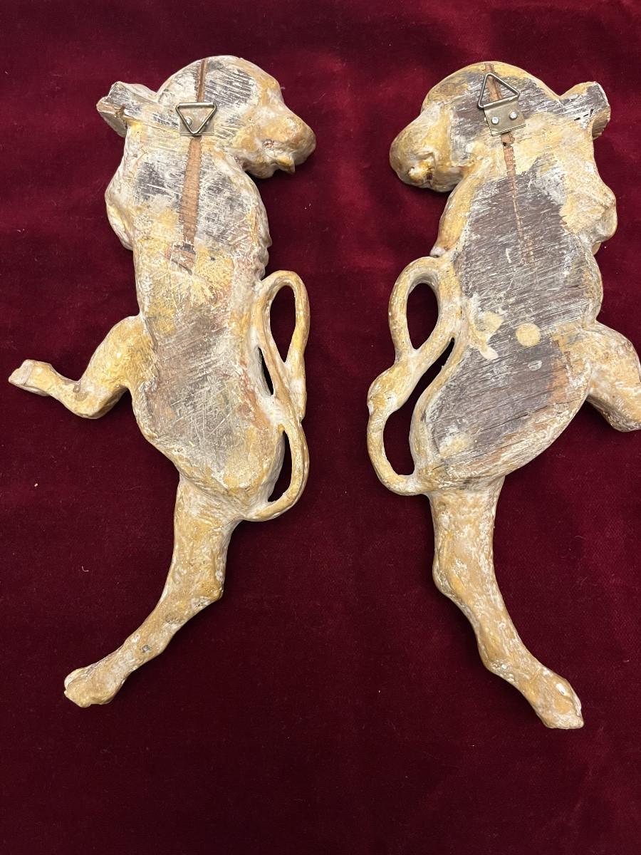 Pair Of Heraldic Lion Silhouettes, Gilt Wood, 18th Century.-photo-4