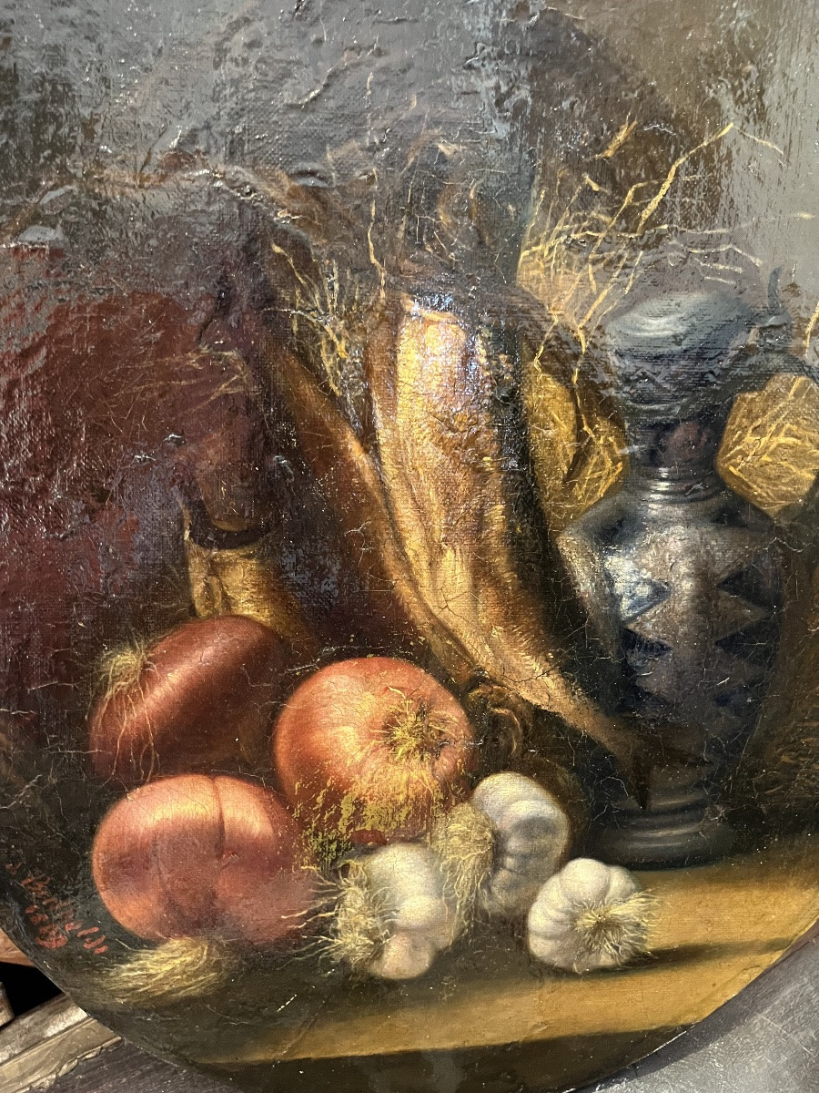 Huile sur toile, nature morte aux harengs, oignons et ail. Daté 1808.-photo-2